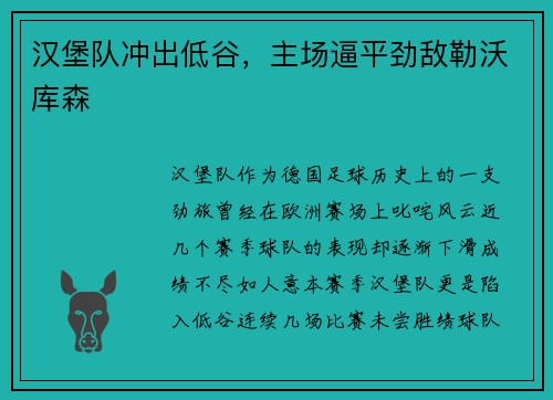 汉堡队冲出低谷，主场逼平劲敌勒沃库森